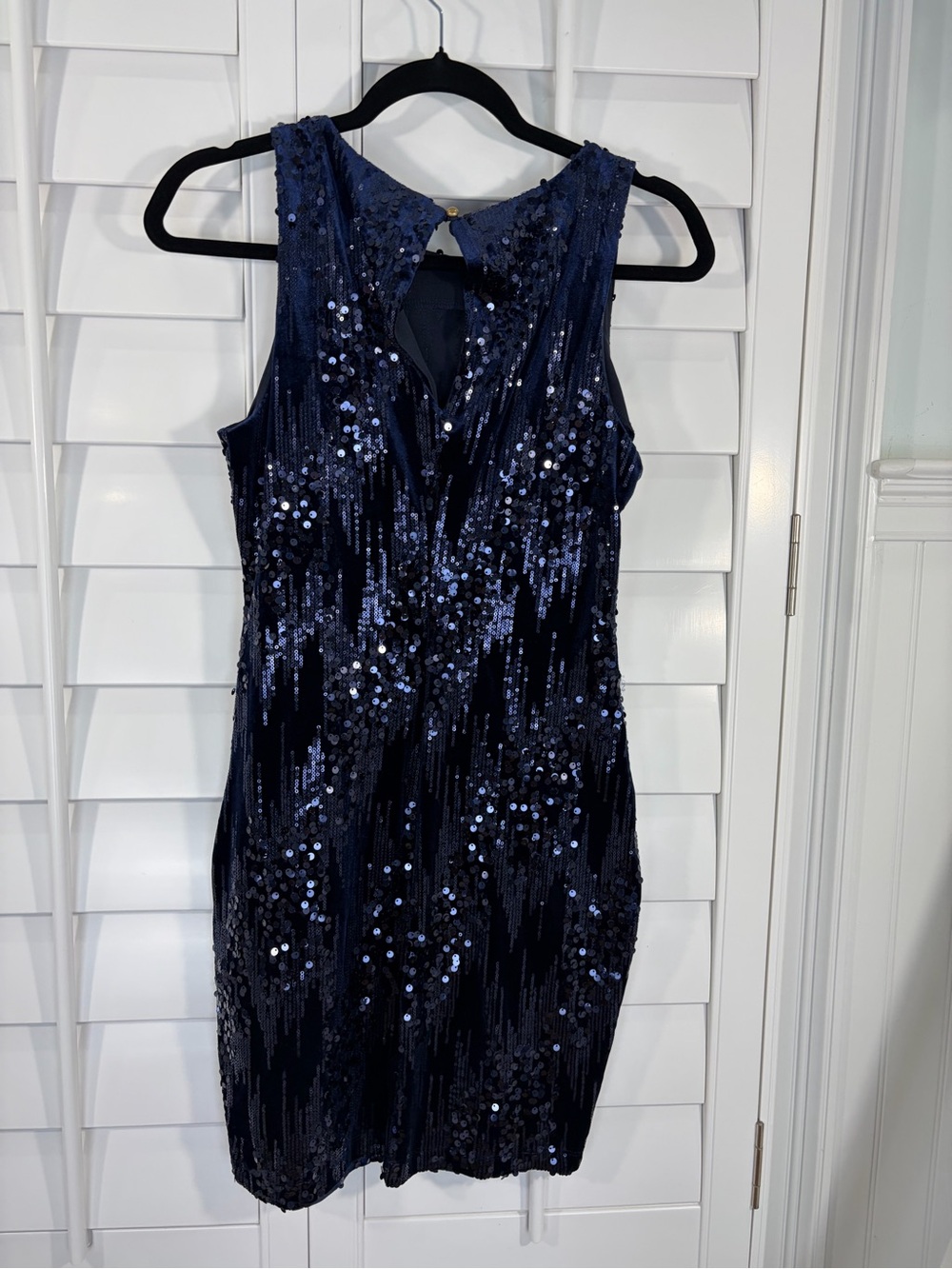Navy Velvet Sequin Bodycon Sleeveless Sheath Dress (M) - Picture 4 of 12